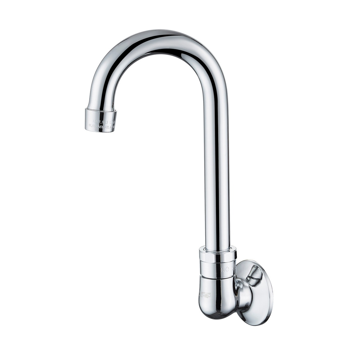 AA-515G chrome gooseneck faucet, angled view highlighting double O-ring swivel joint and escutcheon