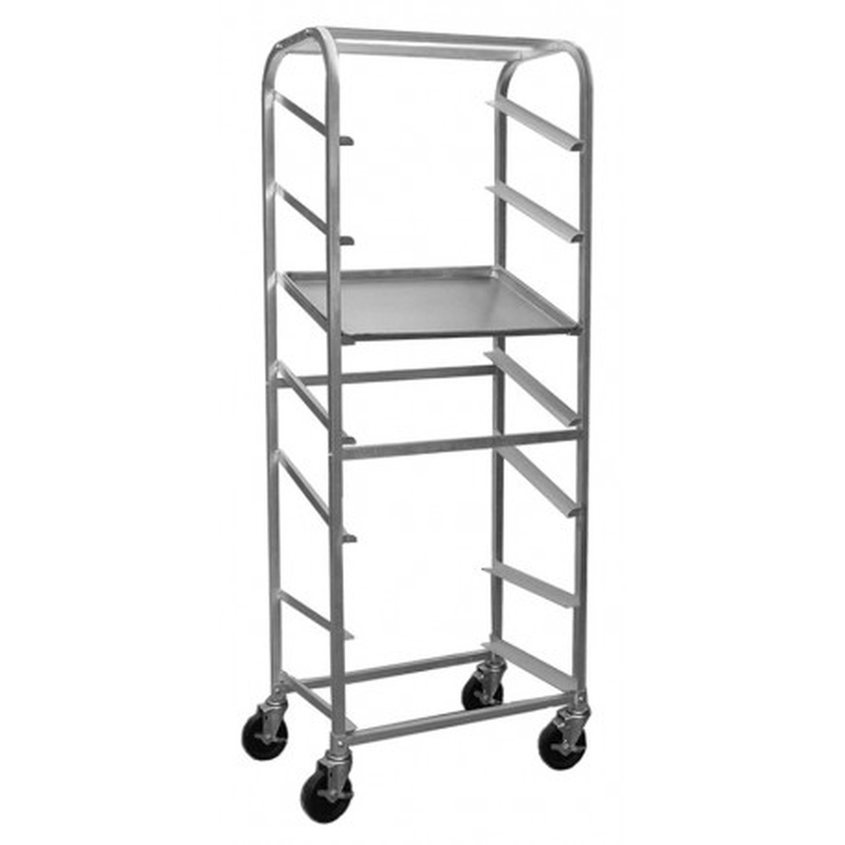 GSW USA AAR-0629S aluminum slanted display rack with 7 pan slots and four swivel casters