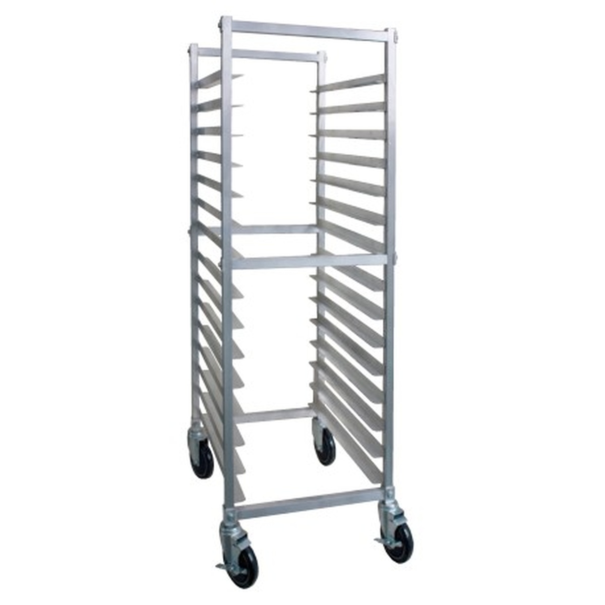 GSW AAR-1520 aluminum refrigerator storage pan rack with casters, showing 15 welded angle slide tiers on a white background