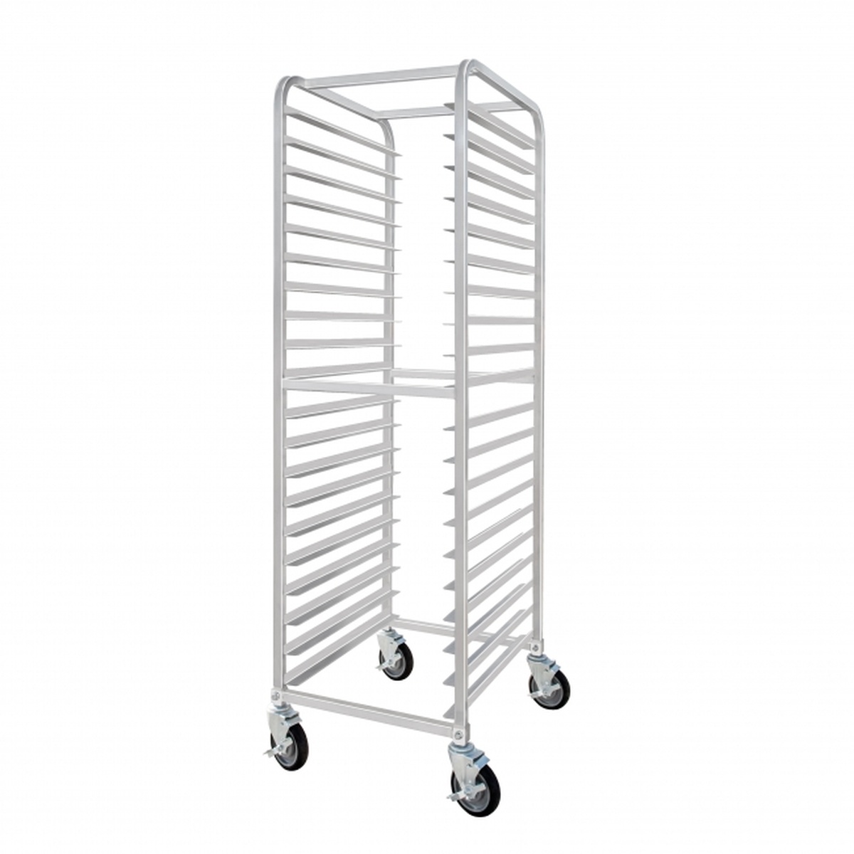 GSW USA AAR-2022 aluminum bun pan rack with open sides and four swivel casters