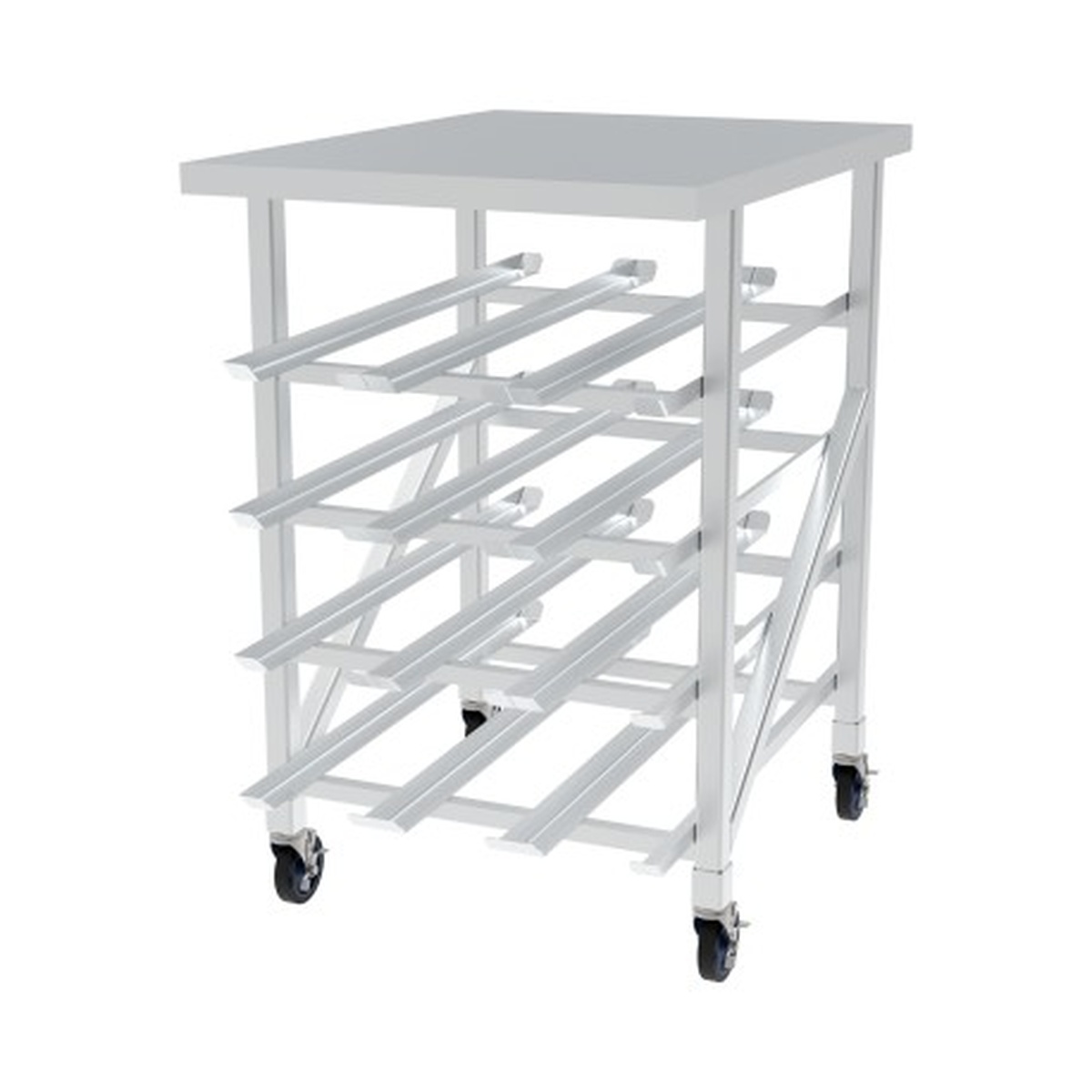 GSW USA AAR-CRAW41 half-size all-welded aluminum can rack with four shelf levels, can guides, aluminum countertop, and four casters