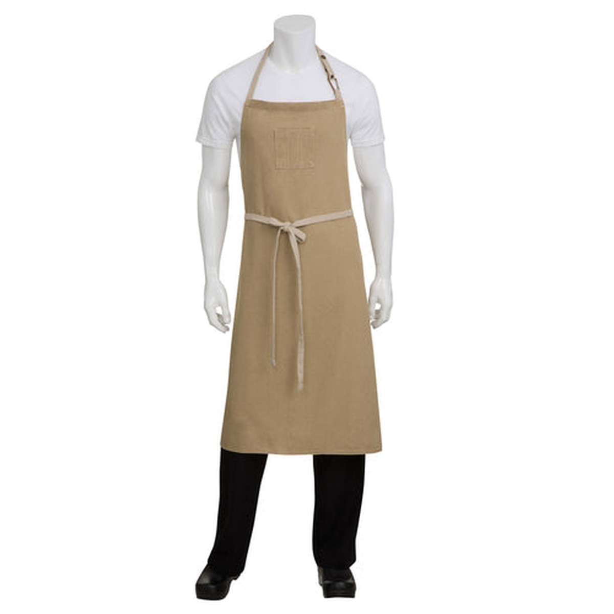 Chef Works Austin Bib Apron in natural denim worn on a mannequin, showing adjustable neck strap, tweezer chest pocket, and waist ties