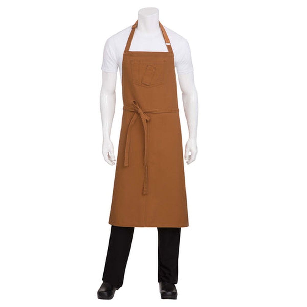 Chef Works Rockford nutmeg bib apron in warm brown with chest pocket and tie waist
