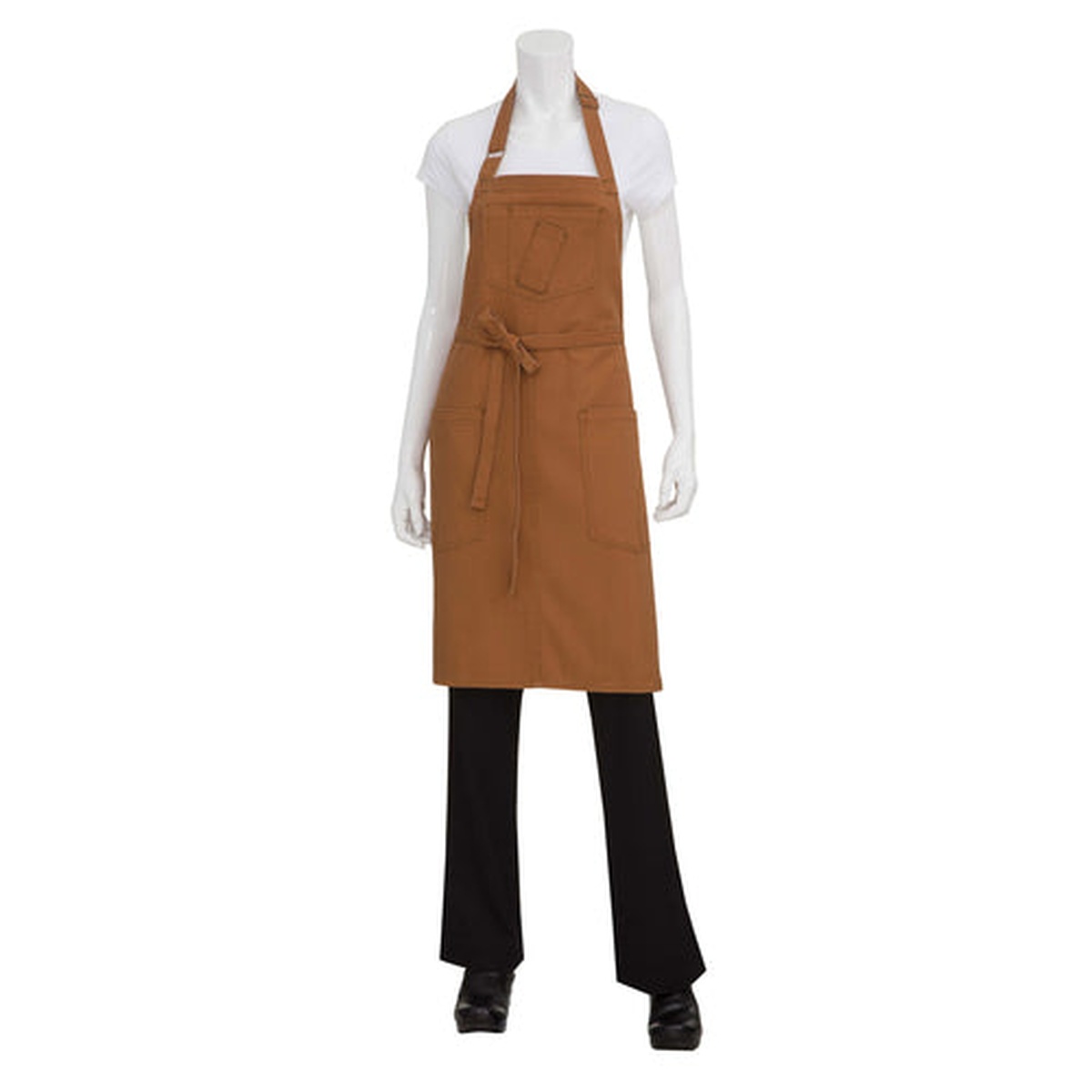 Chef Works Rockford Bib Apron in nutmeg brown, full-length view showing chest pocket, hip pockets, and adjustable neck strap