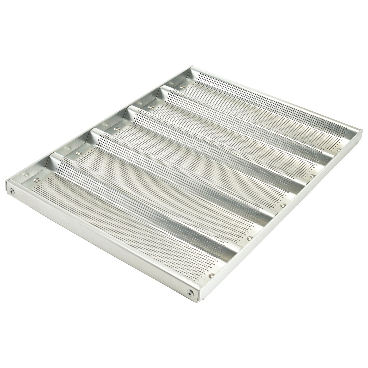 Winco ABPN-5H aluminum 5-channel perforated baguette bread pan, angled view