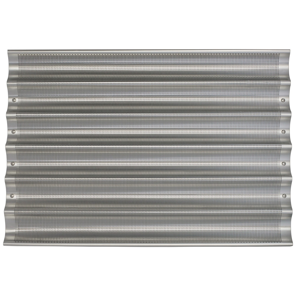 Top-down view of Winco ABPN-6 6-slot perforated baguette pan showing full channel layout