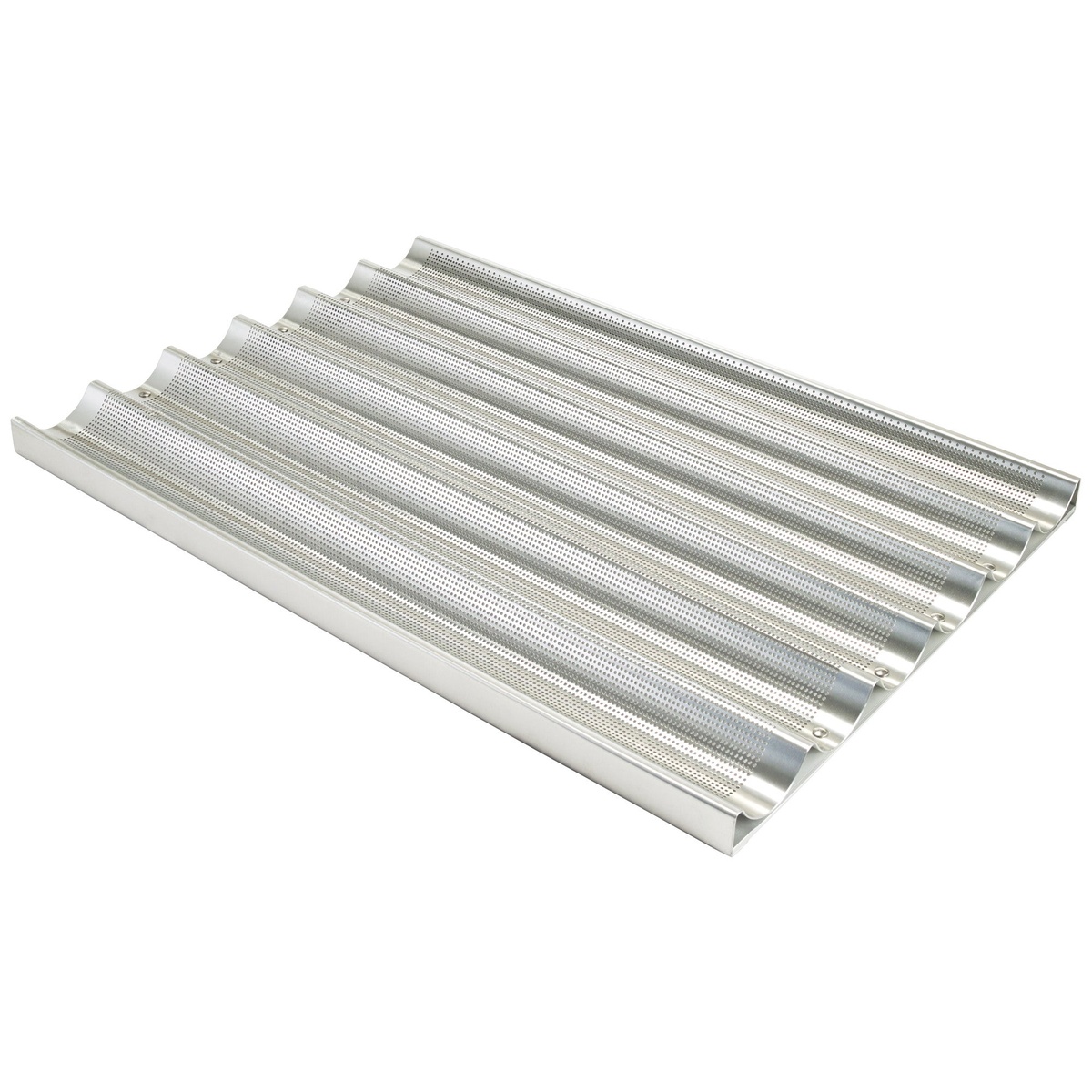 Winco ABPN-6 6-slot perforated aluminum baguette pan, angled view showing wave-form channels