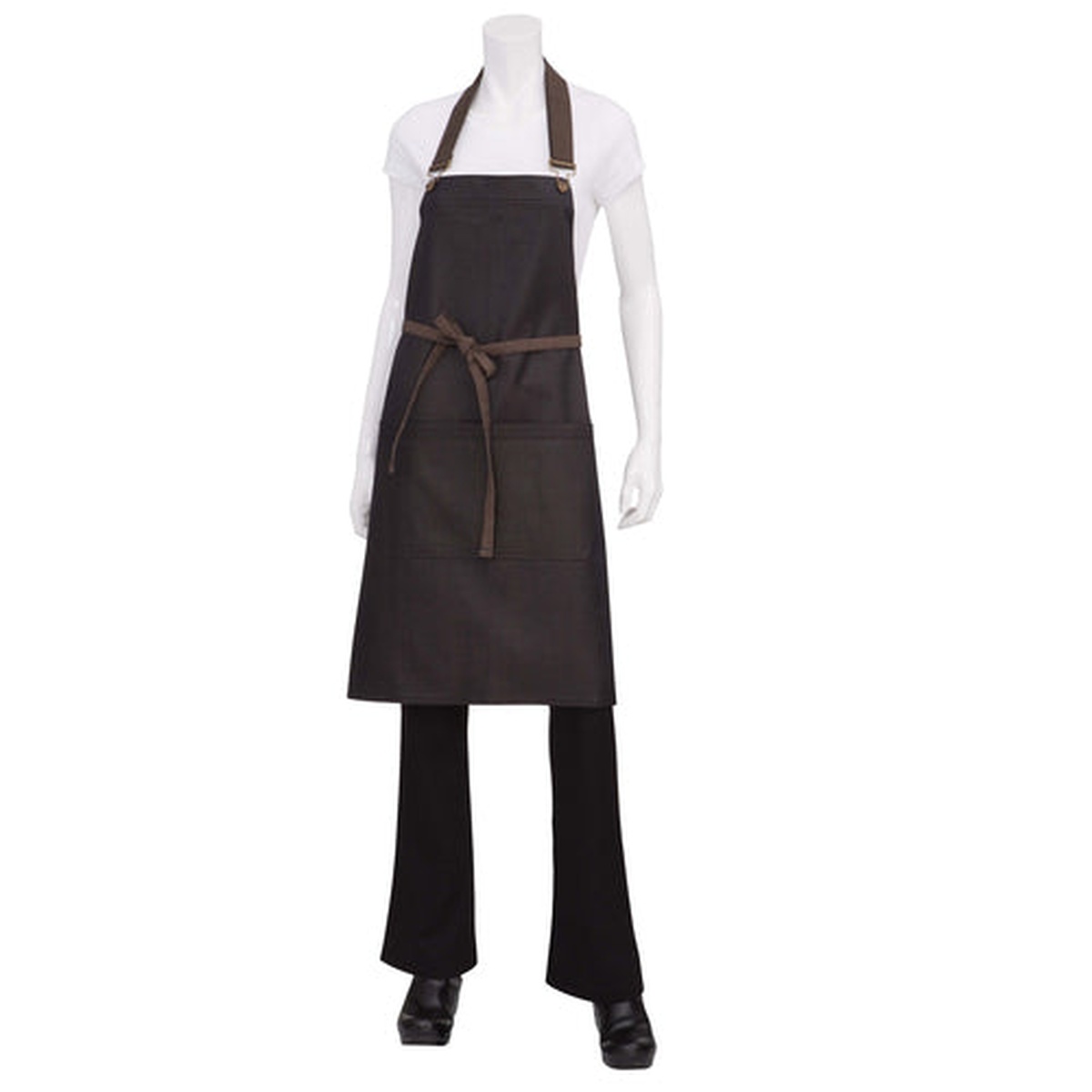 Chef Works Boulder Bib Apron in brown-black cotton denim with double front pockets and adjustable neck strap