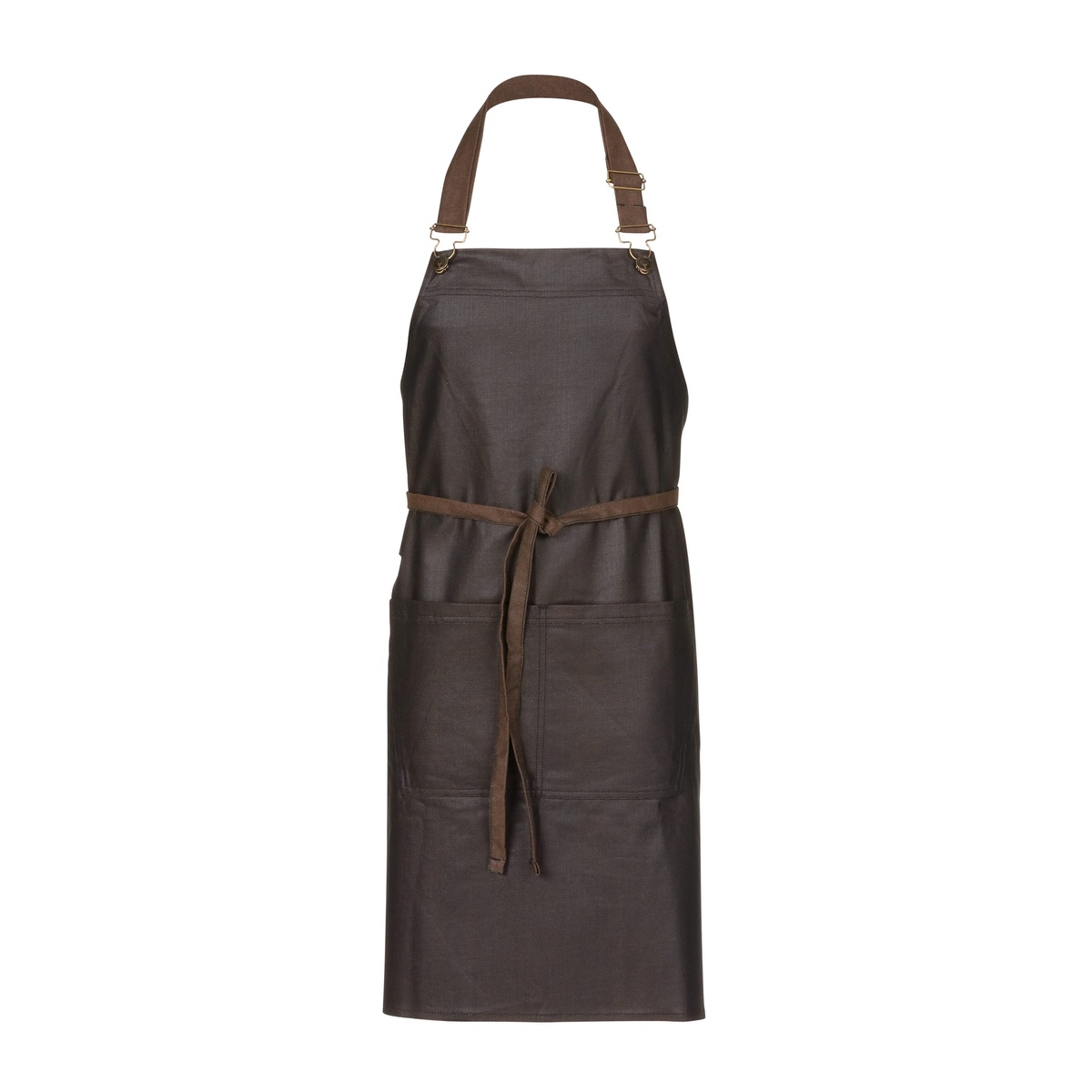 Chef Works Boulder Bib Apron flat lay showing double front pockets, brown reverse fabric ties, and adjustable neck strap with overall clips
