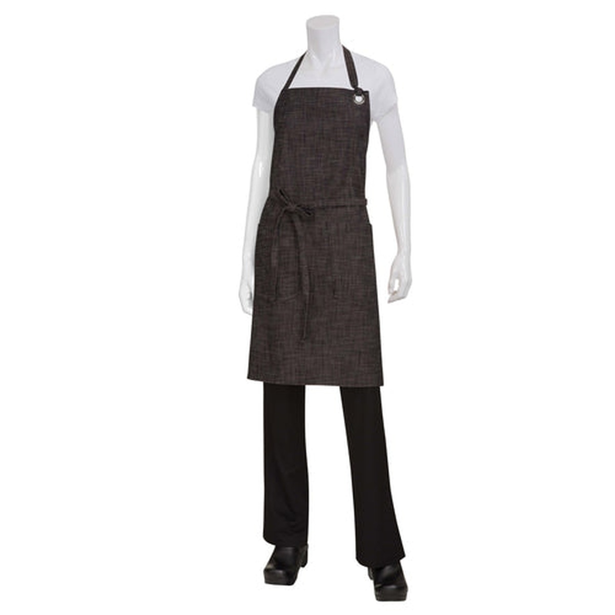 Chef Works Corvallis bib apron in black and burgundy crosshatch cotton denim displayed on a mannequin