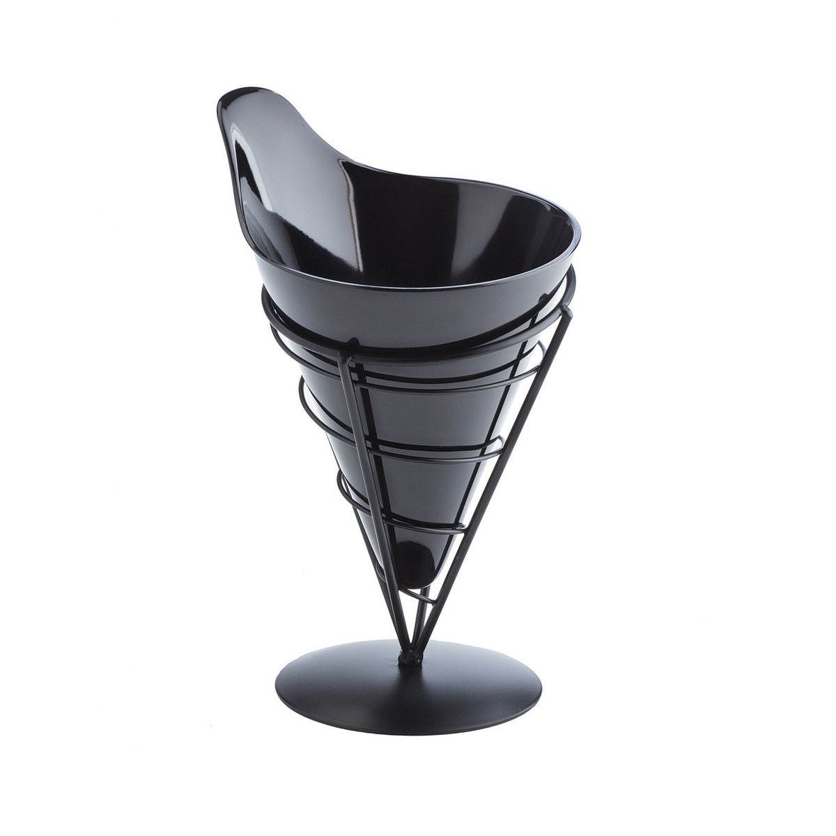 TableCraft AC57 black wire cone basket shown with a black plastic cone insert fitting inside the wire frame on a white background