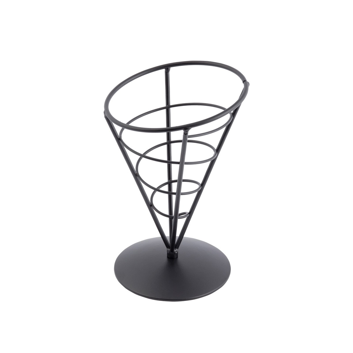 Overhead angled view of TableCraft AC57 black powder coated wire appetizer cone basket on white background showing open top