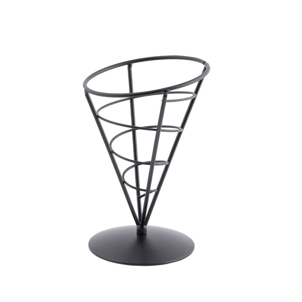 Front view of TableCraft AC57 black powder coated wire cone basket with round base on white background