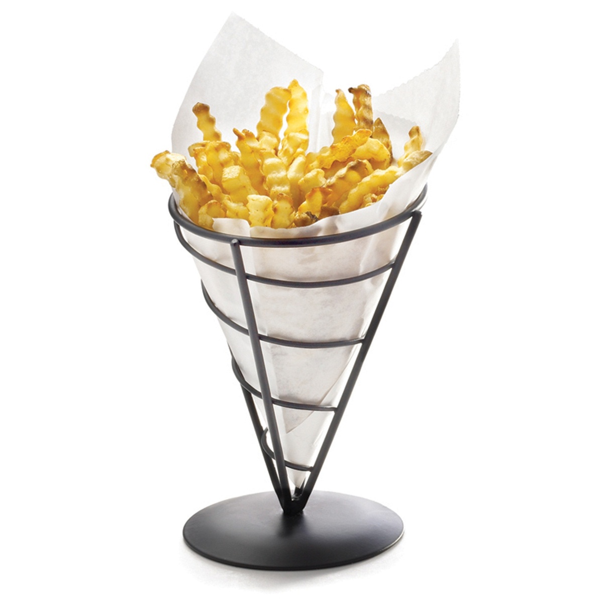 TableCraft AC57 black wire cone basket holding crinkle-cut french fries with a paper liner on a white background