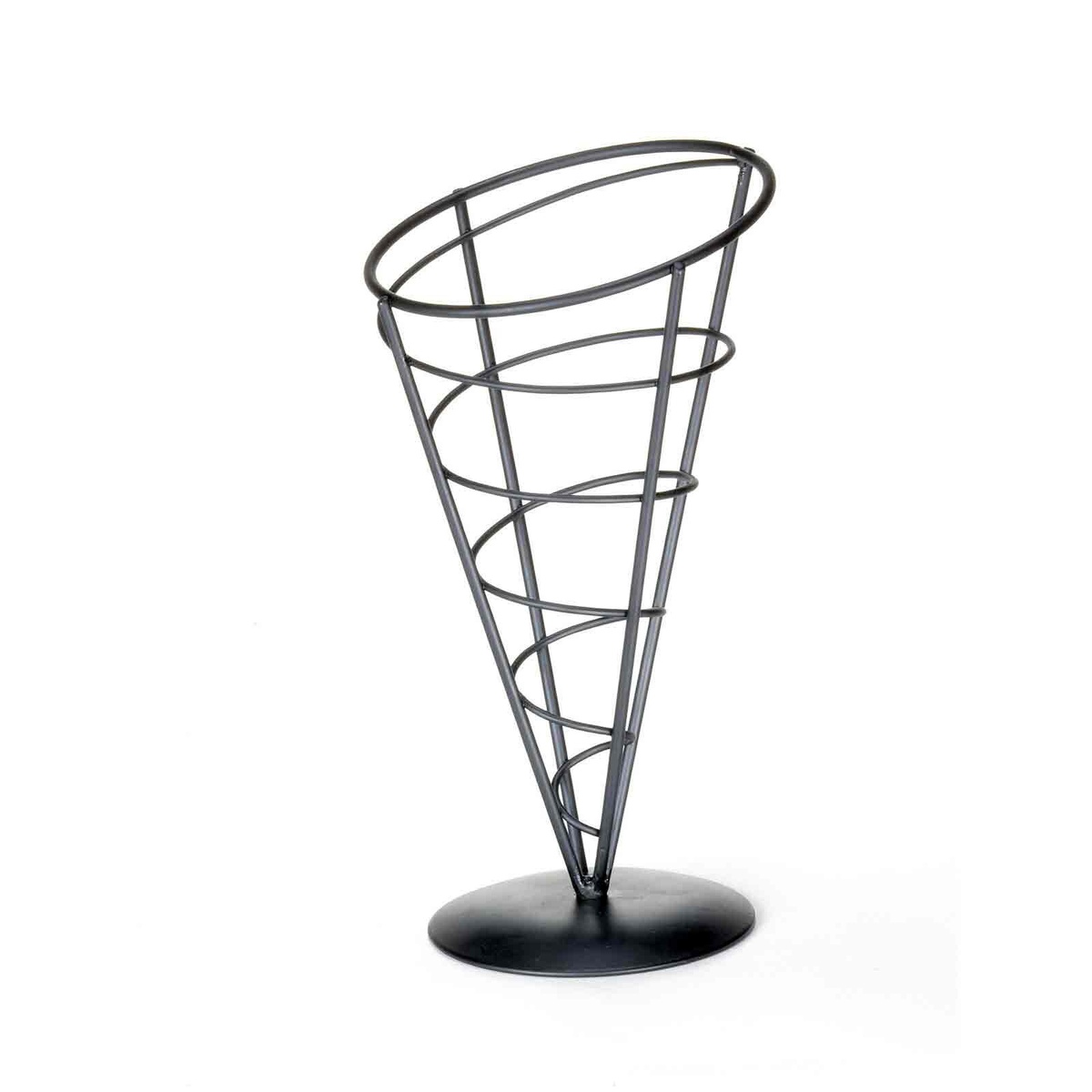 TableCraft AC59 Vertigo black powder-coated wire cone appetizer basket on round base