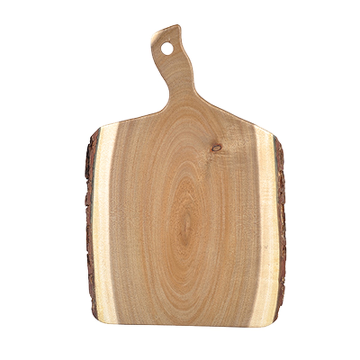 Tablecraft acacia wood bread board with natural bark edges and integrated handle with hanging hole