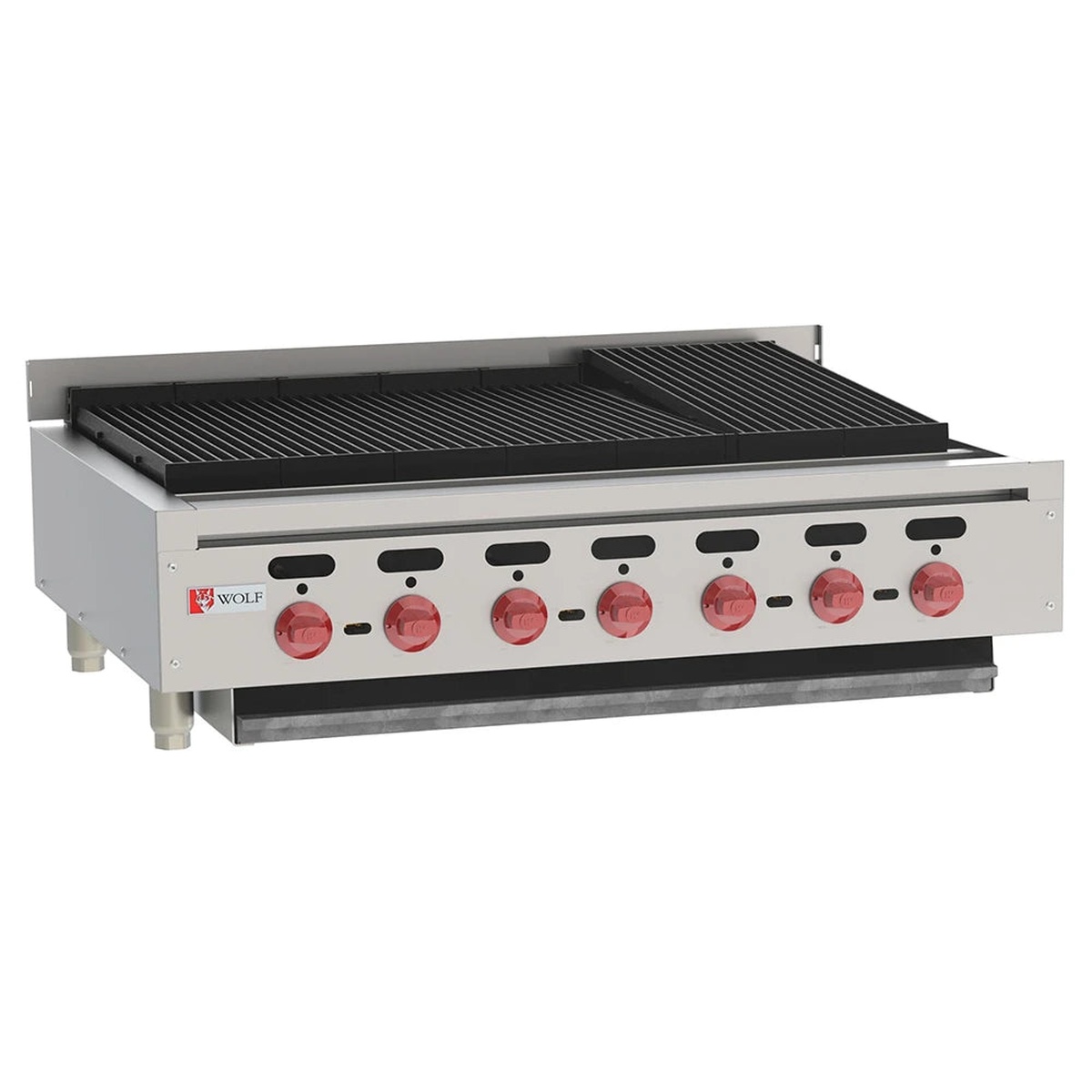 Wolf 36 inch countertop gas charbroiler with cast iron grates and six control knobs