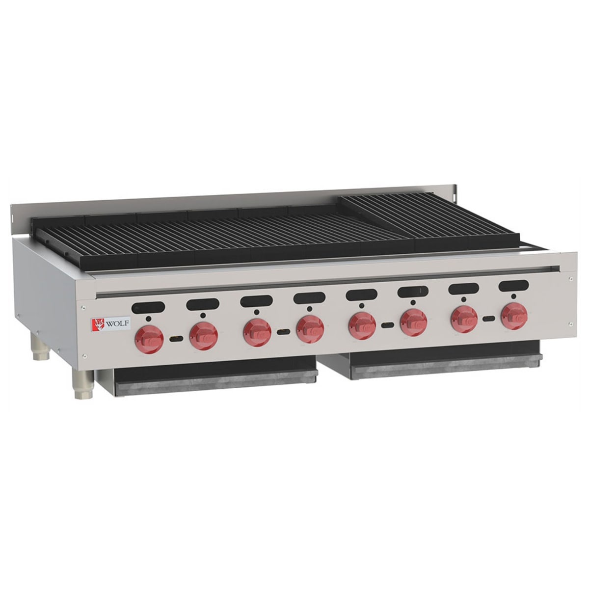 Wolf ACB47 low profile gas countertop charbroiler with eight manual control knobs