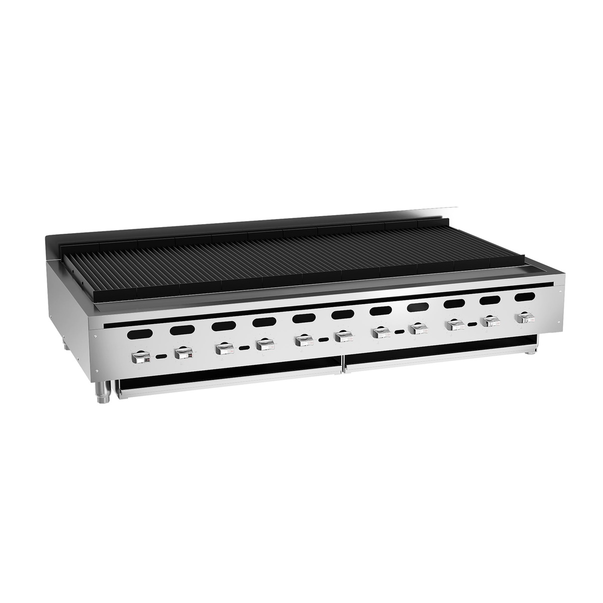 Angled view of Wolf ACB60 charbroiler showing cooking grates