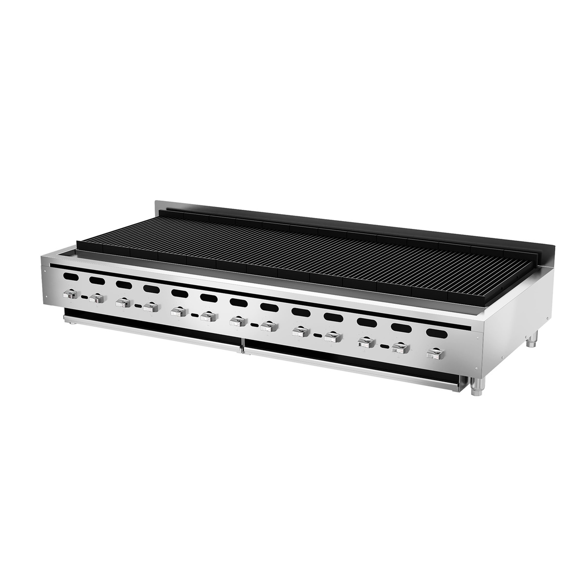 Perspective view of Wolf ACB72 charbroiler showing low-profile body and front control knobs