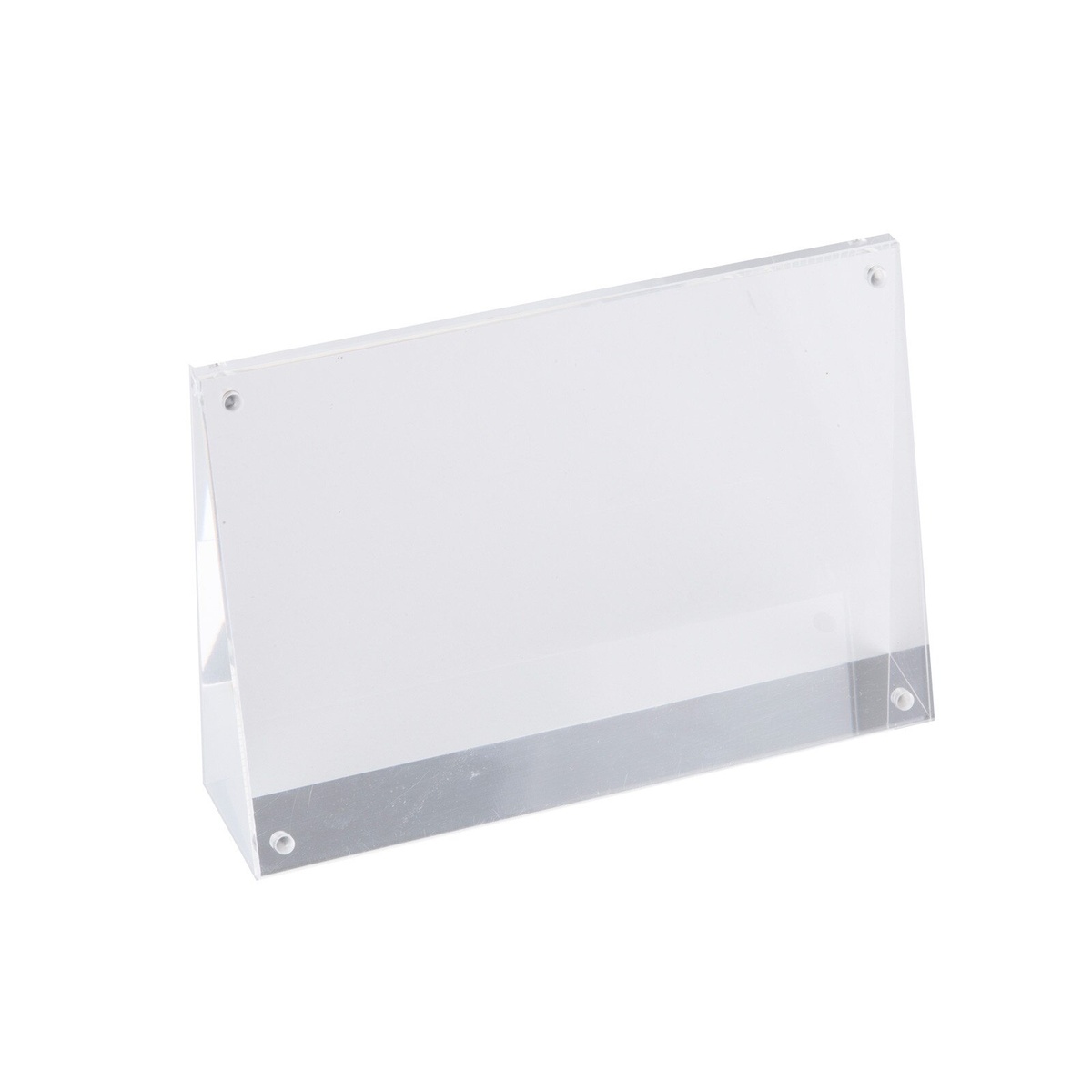 TableCraft ACHS46 clear acrylic slanted card holder shown from side angle, highlighting the angled wedge base