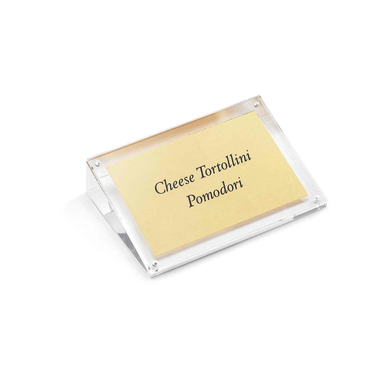 TableCraft ACHS46 clear acrylic slanted card holder displaying a menu card that reads Cheese Tortollini Pomodori