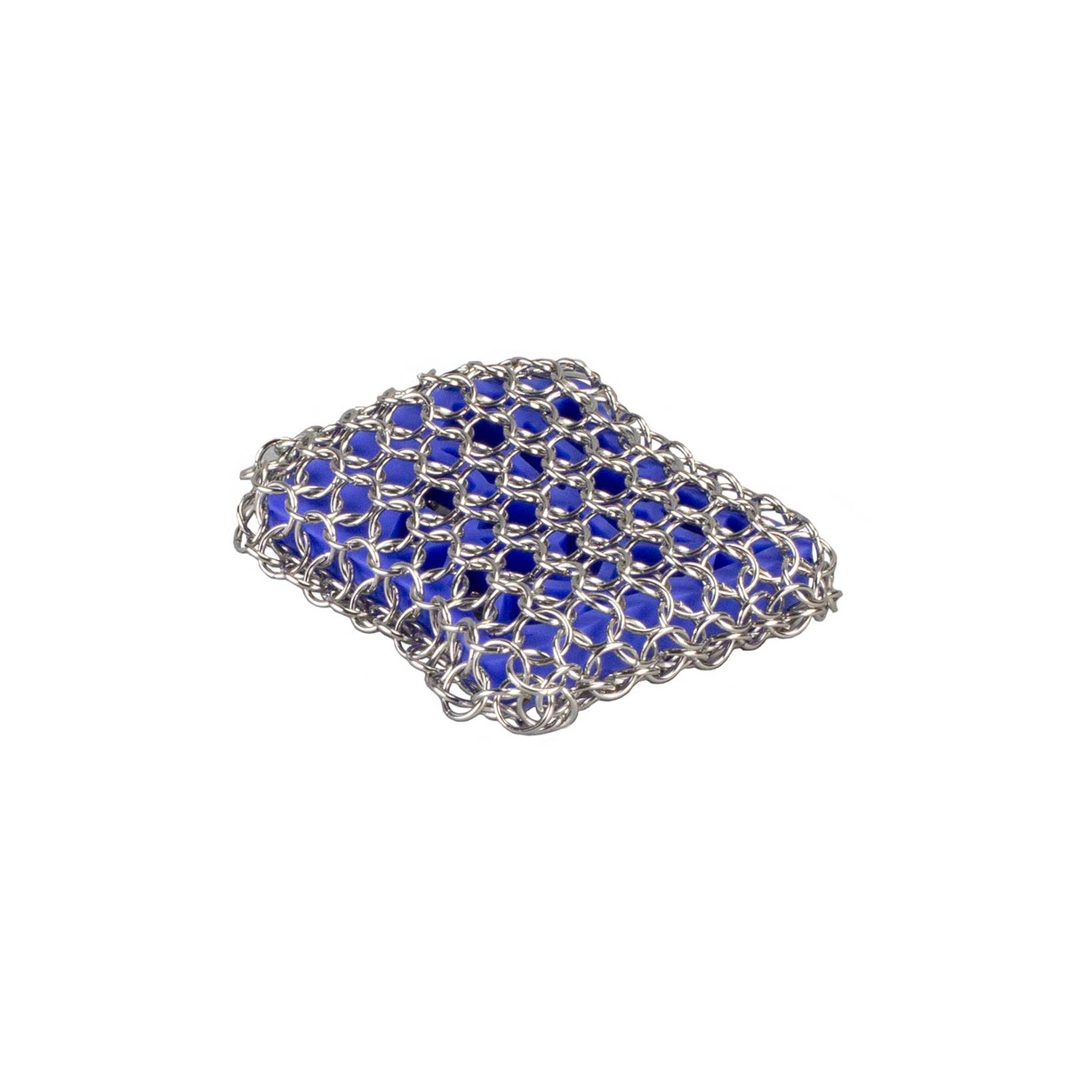 Lodge Chainmail Scrubbing Pad in blue with stainless steel chainmail wrap, angled product view on white background