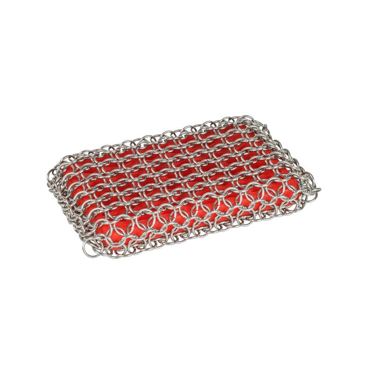 Lodge Chainmail Scrubbing Pad in red with stainless steel rings and silicone core, angled view on white background