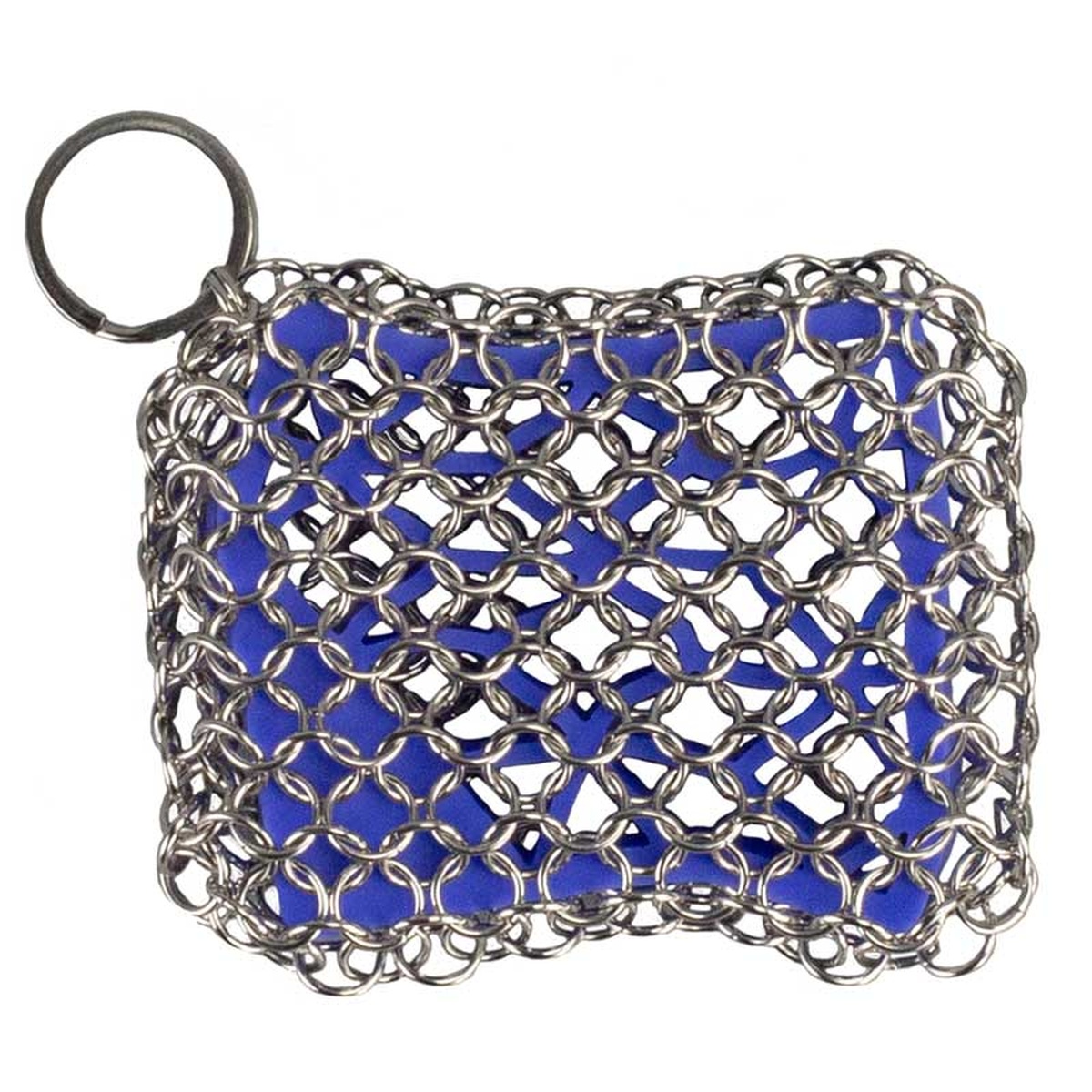 Lodge Chainmail Scrubbing Pad in blue with hanging ring, top-down view on white background