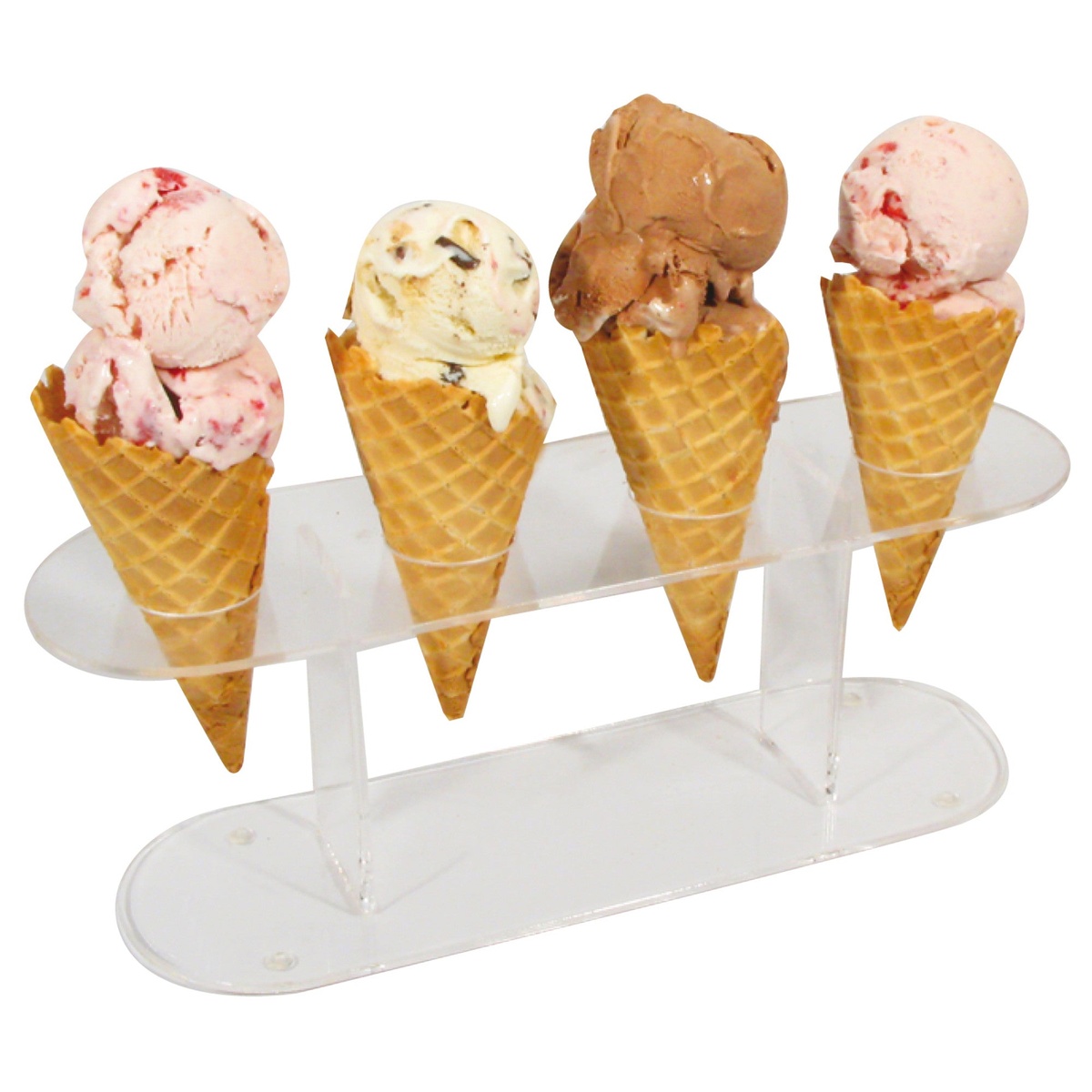 Winco ACN-4 acrylic cone stand holding four waffle ice cream cones with various ice cream scoops