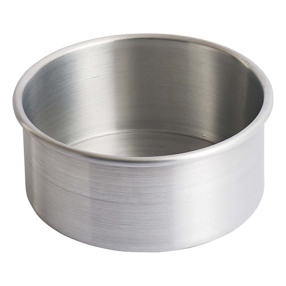 Winco ACP-063 6-inch round aluminum layer cake pan with straight sides and flat bottom on white background