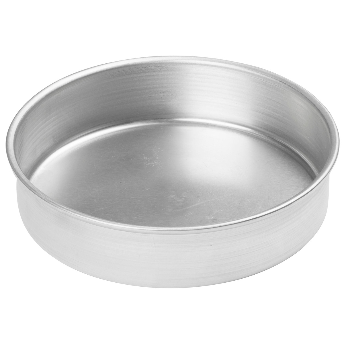Winco ACP-082 round aluminum layer cake pan, 8-inch diameter by 2-inch height, shown from an angled view on white background