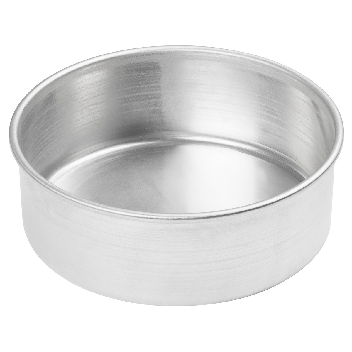 Winco ACP-083 round aluminum cake pan with straight sides on white background