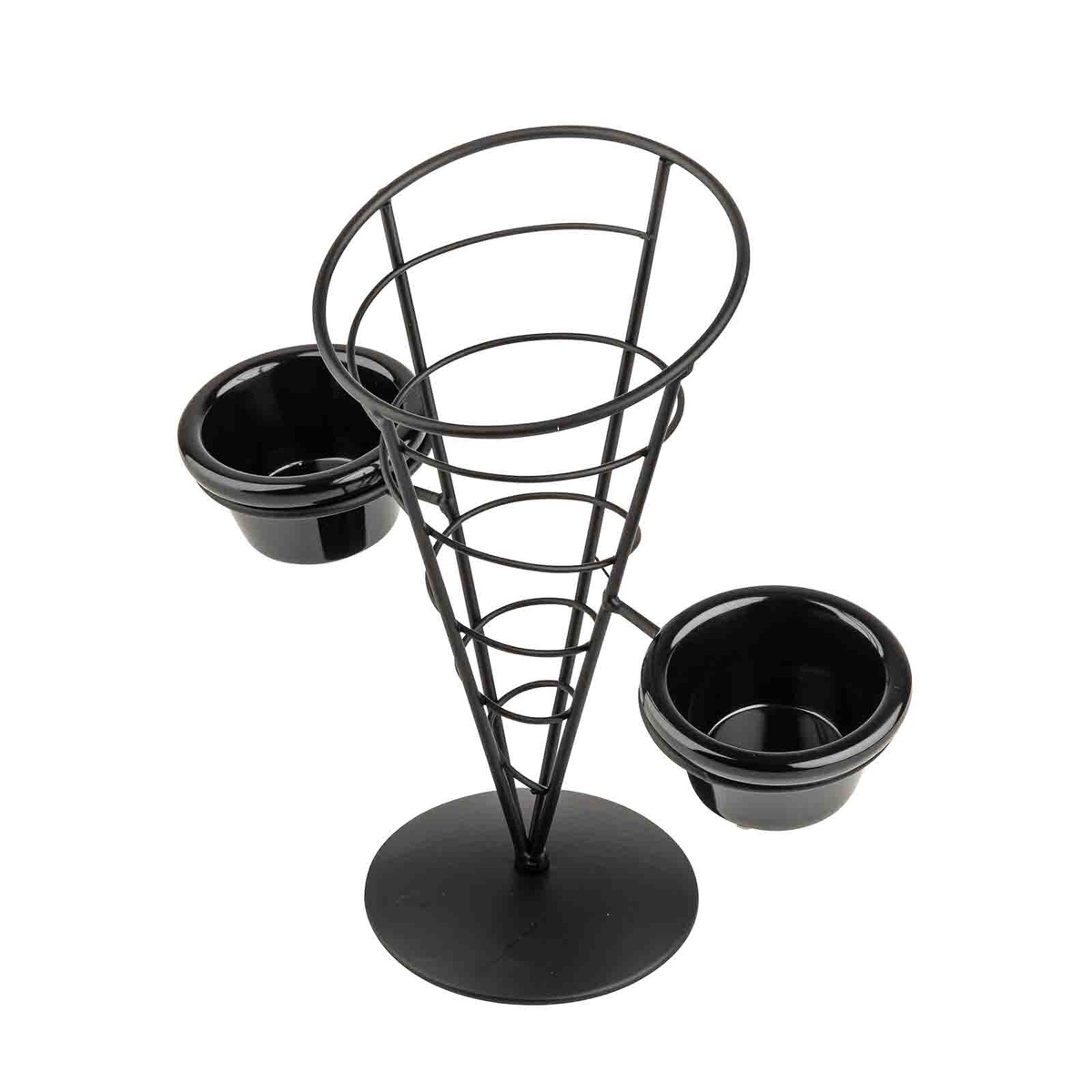 Tablecraft ACR259 wire cone basket angled view showing two black melamine ramekins seated in side holders