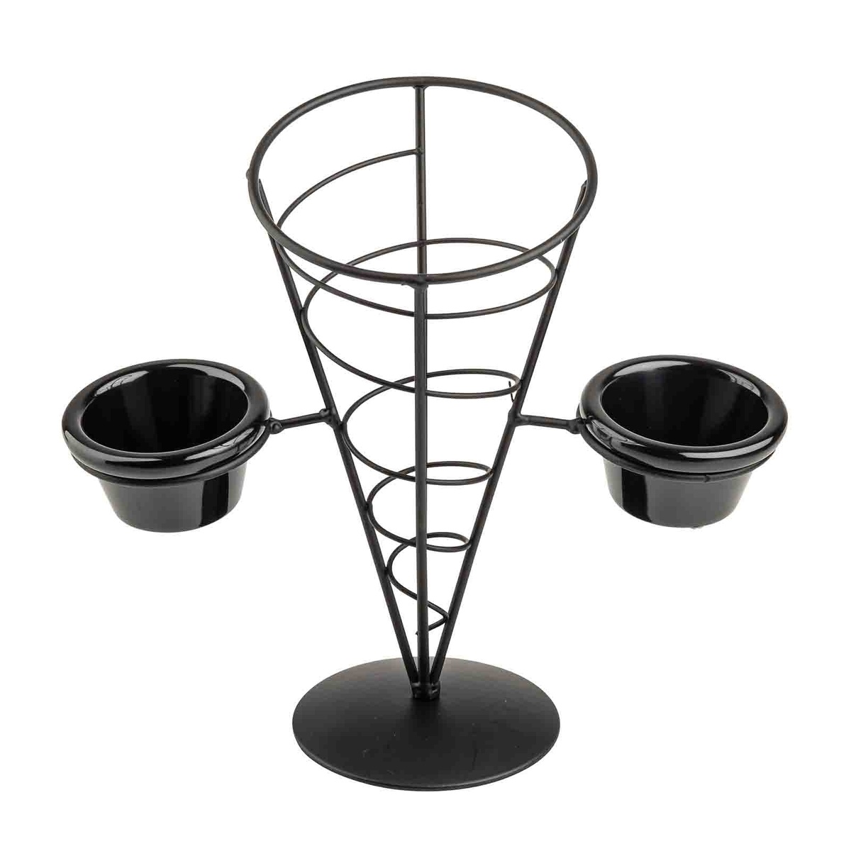 Tablecraft ACR259 black wire cone appetizer basket with two black melamine ramekins, front view