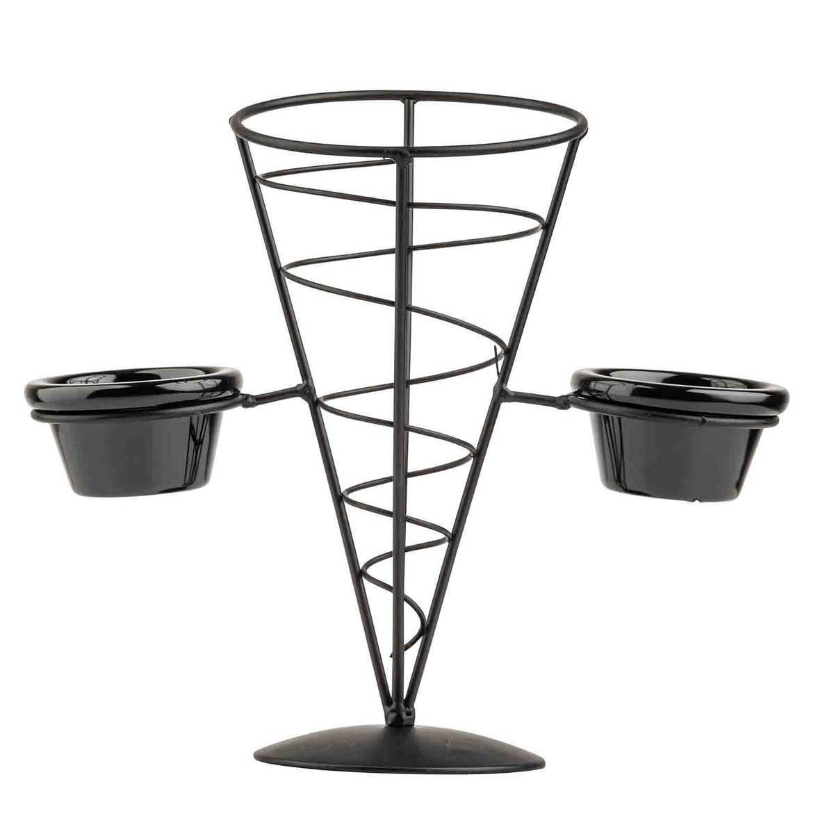 Tablecraft ACR259 black wire cone basket front-facing view with two black melamine ramekins in side holders