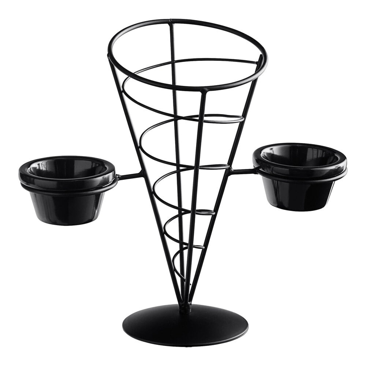 TableCraft ACR259 black powder coated wire cone basket with two black melamine ramekins on a round base