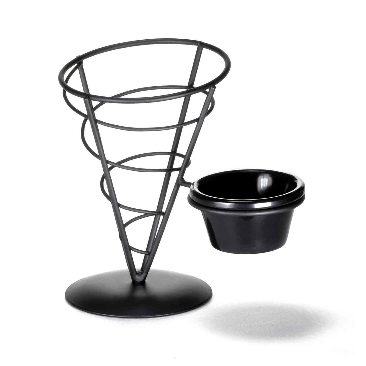TableCraft ACR57 black wire cone appetizer basket with attached black melamine ramekin holder on white background