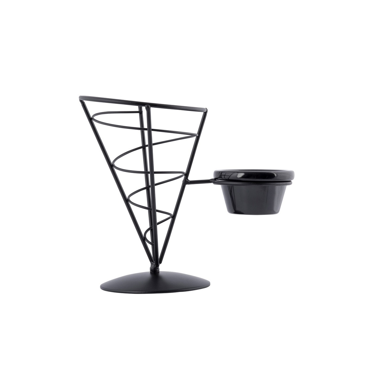 Side profile view of the TableCraft ACR57 black wire cone basket with ramekin holder on white background