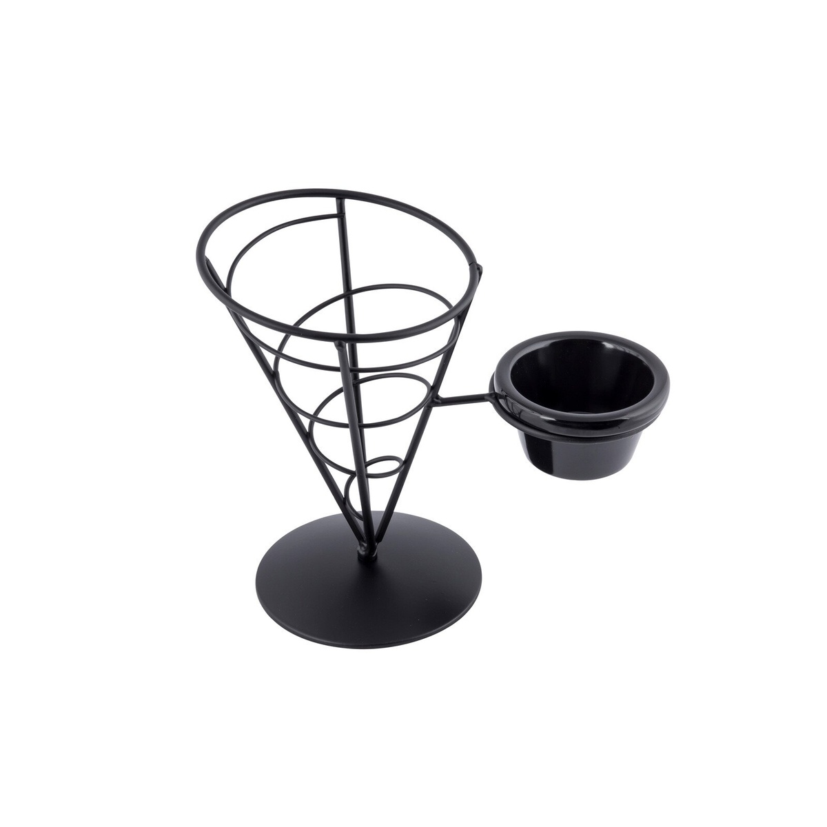 Overhead angle view of the TableCraft ACR57 black wire cone basket showing open top and ramekin on white background