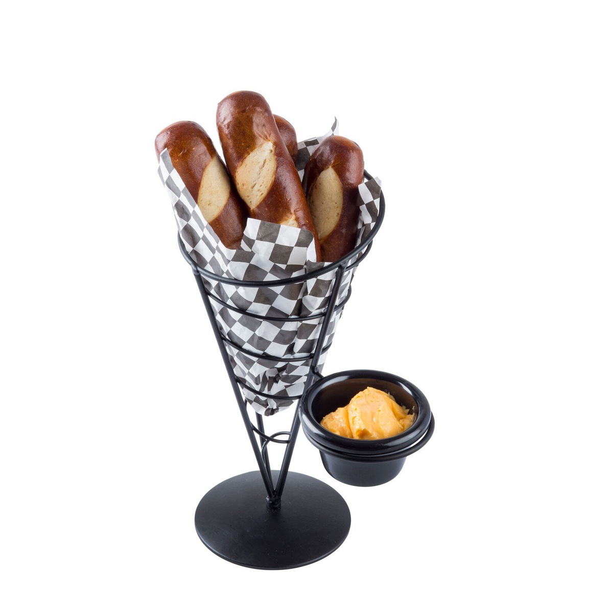 TableCraft ACR57 wire cone basket filled with pretzel breadsticks in checkered liner with a ramekin of dipping sauce on white background