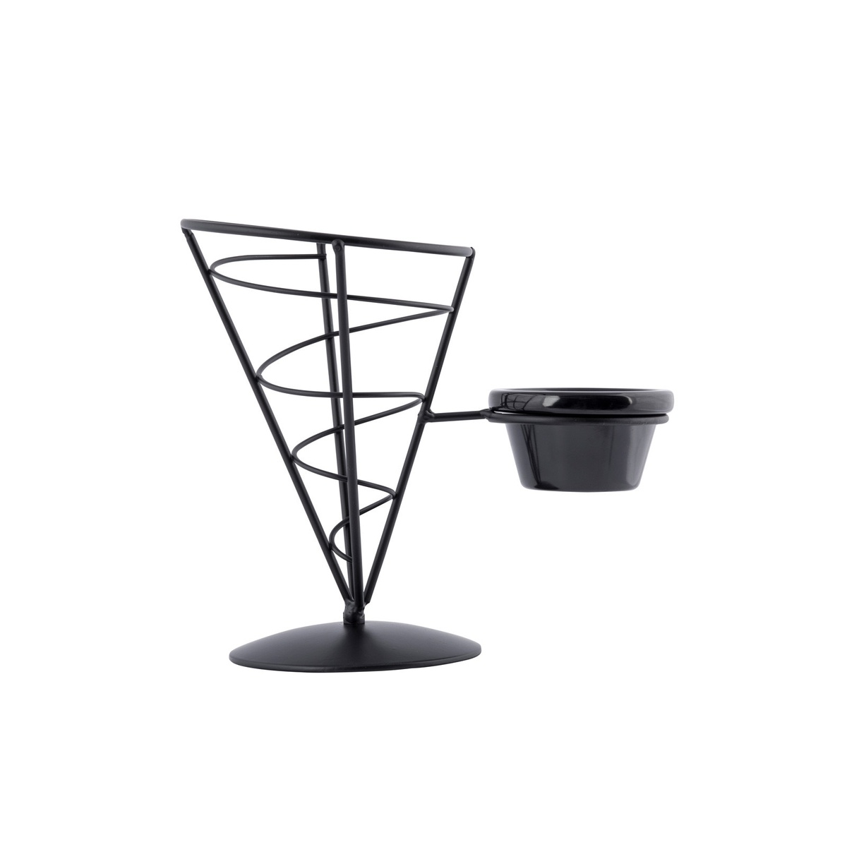 Side angle view of black wire cone basket showing spiral wire detail and attached black ramekin