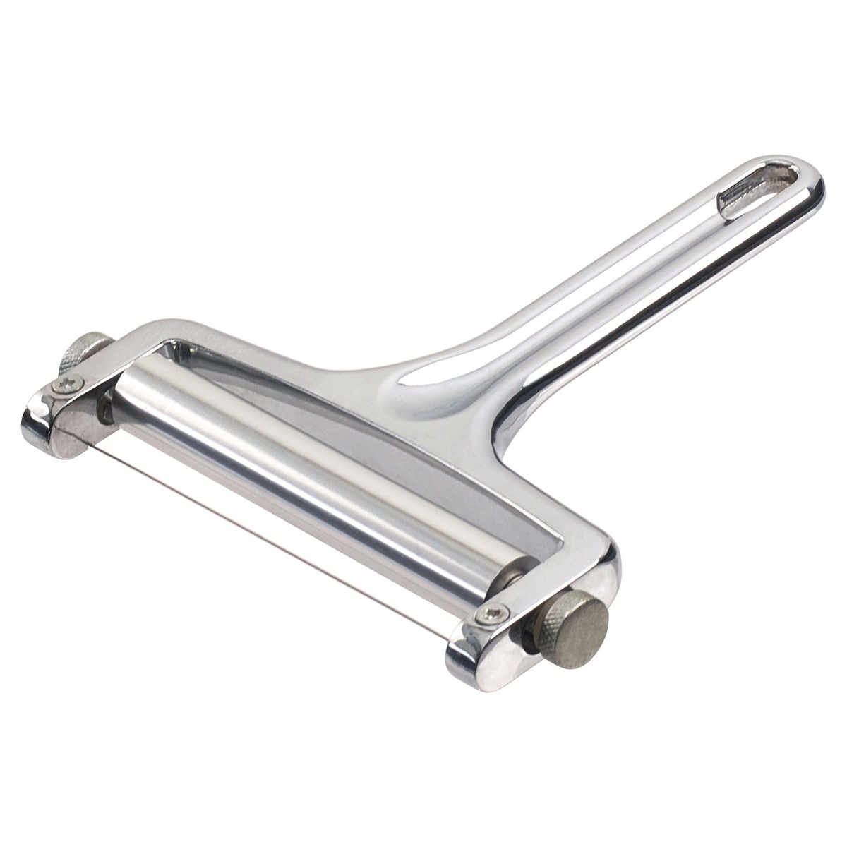 Angled view of the Winco ACS-4 adjustable wire cheese slicer showing the chrome-plated handle and roller