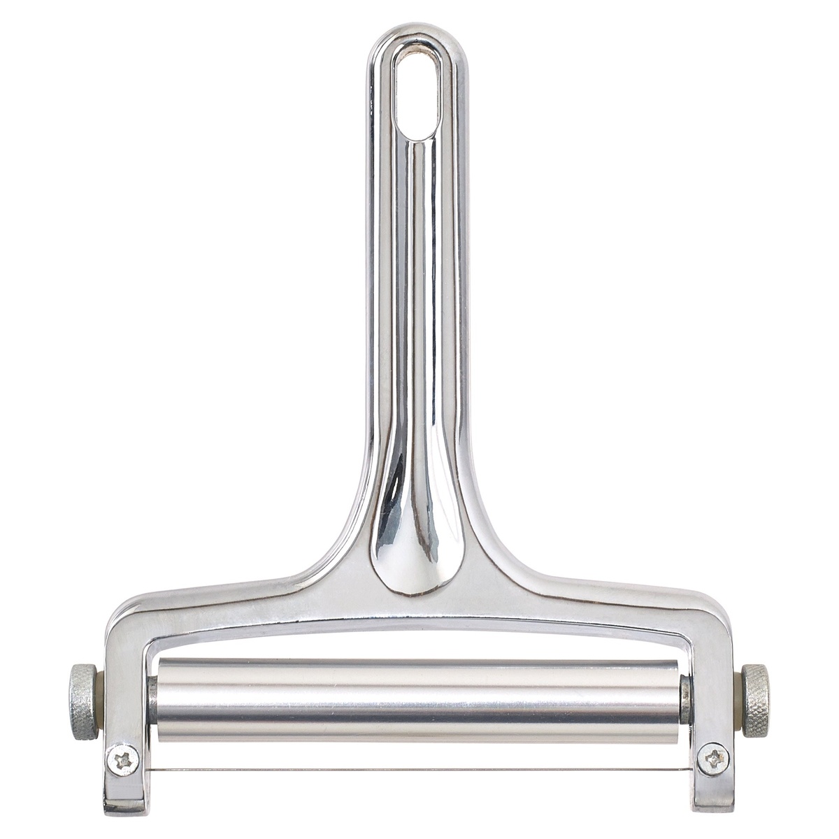 Top-down view of the Winco ACS-4 cheese slicer highlighting the adjustable roller and stainless steel wire