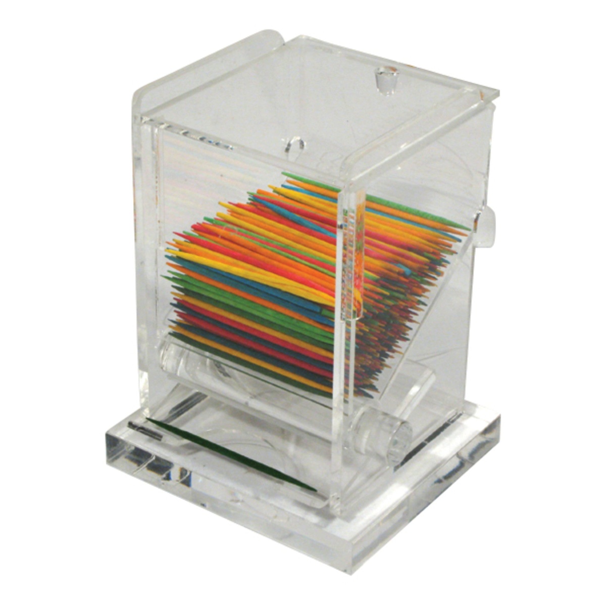 Winco ACTD-3 clear acrylic toothpick dispenser filled with colorful toothpicks, shown on white background