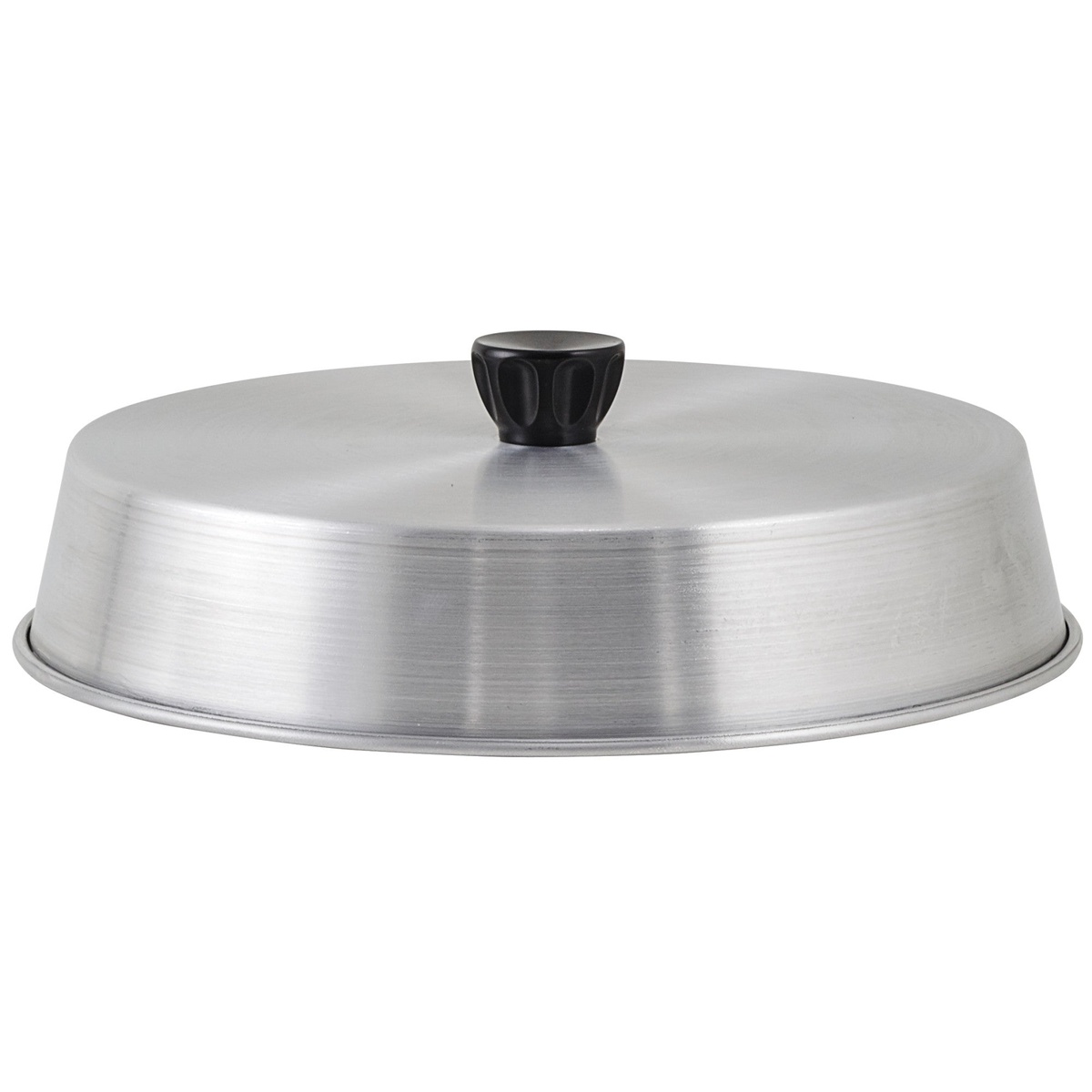 Winco ADBC-10 10-inch round flat-top aluminum basting cover with black Bakelite knob handle on white background