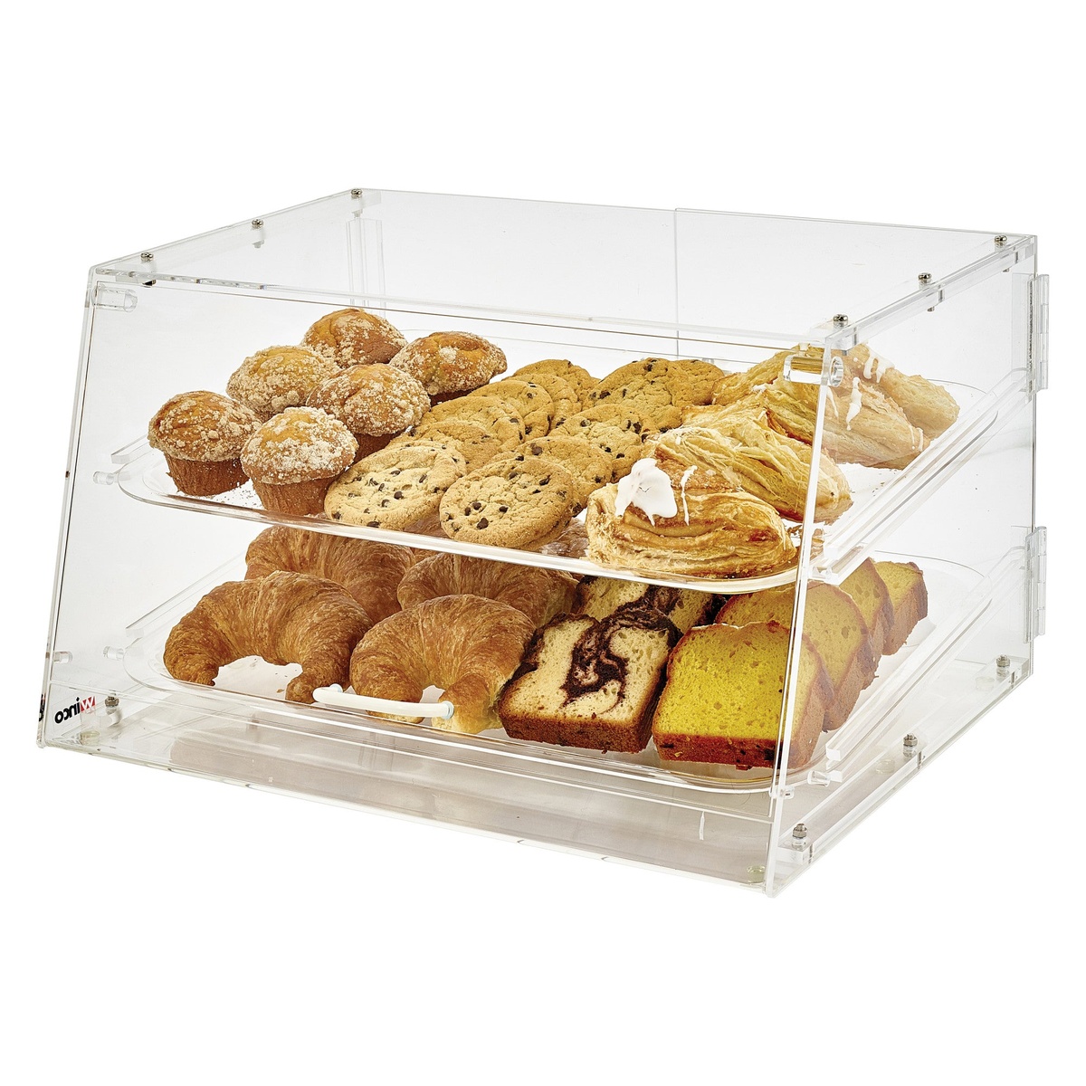 Winco ADC-2 clear acrylic 2-tray display case filled with assorted pastries, muffins, croissants, and breads