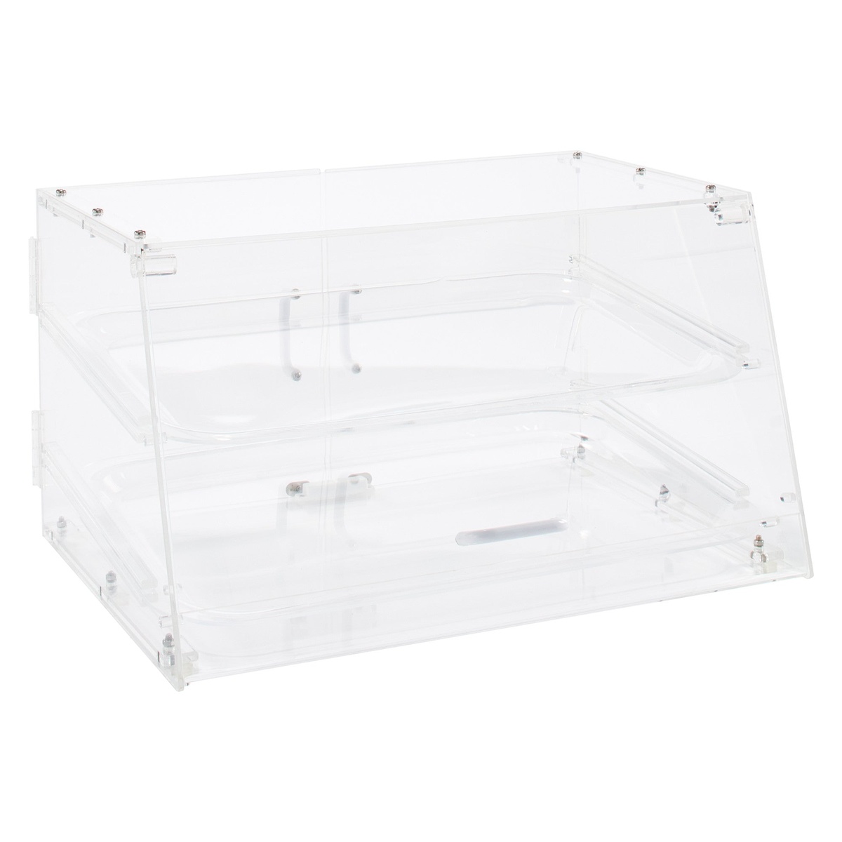 Winco ADC-2 empty clear acrylic display case showing two angled tray levels from front
