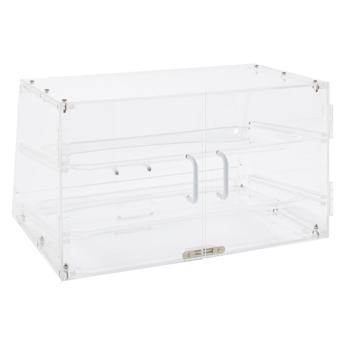 Winco ADC-2 clear acrylic display case rear view showing spring-hinged rear access doors with white handles