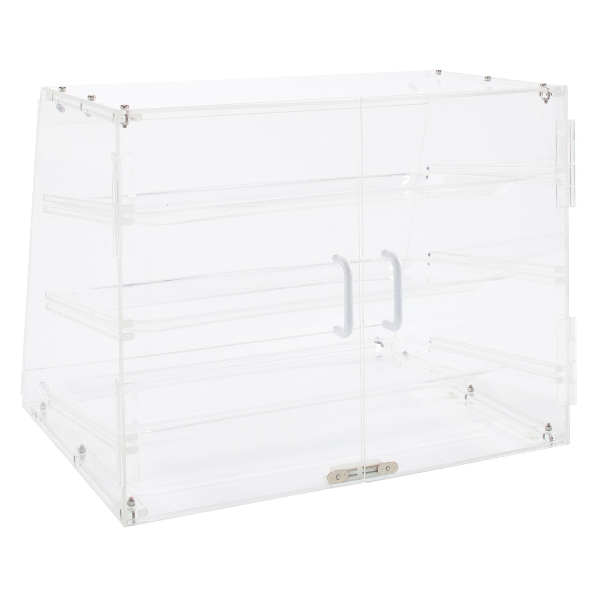 Winco ADC-3 clear acrylic display case showing rear spring-hinged access door with handles